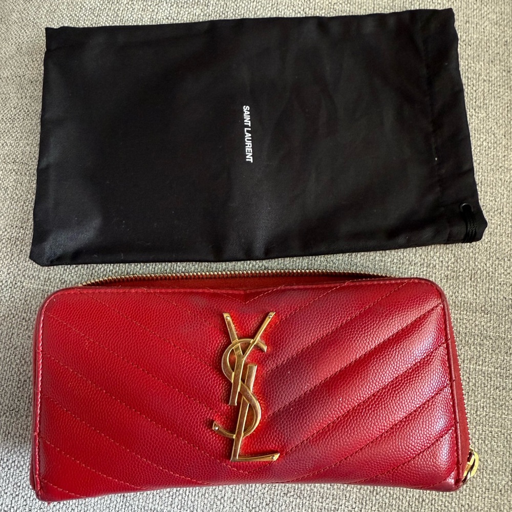 Saint Laurent Monogrammed Zip Around Wallet Medium Red Gold